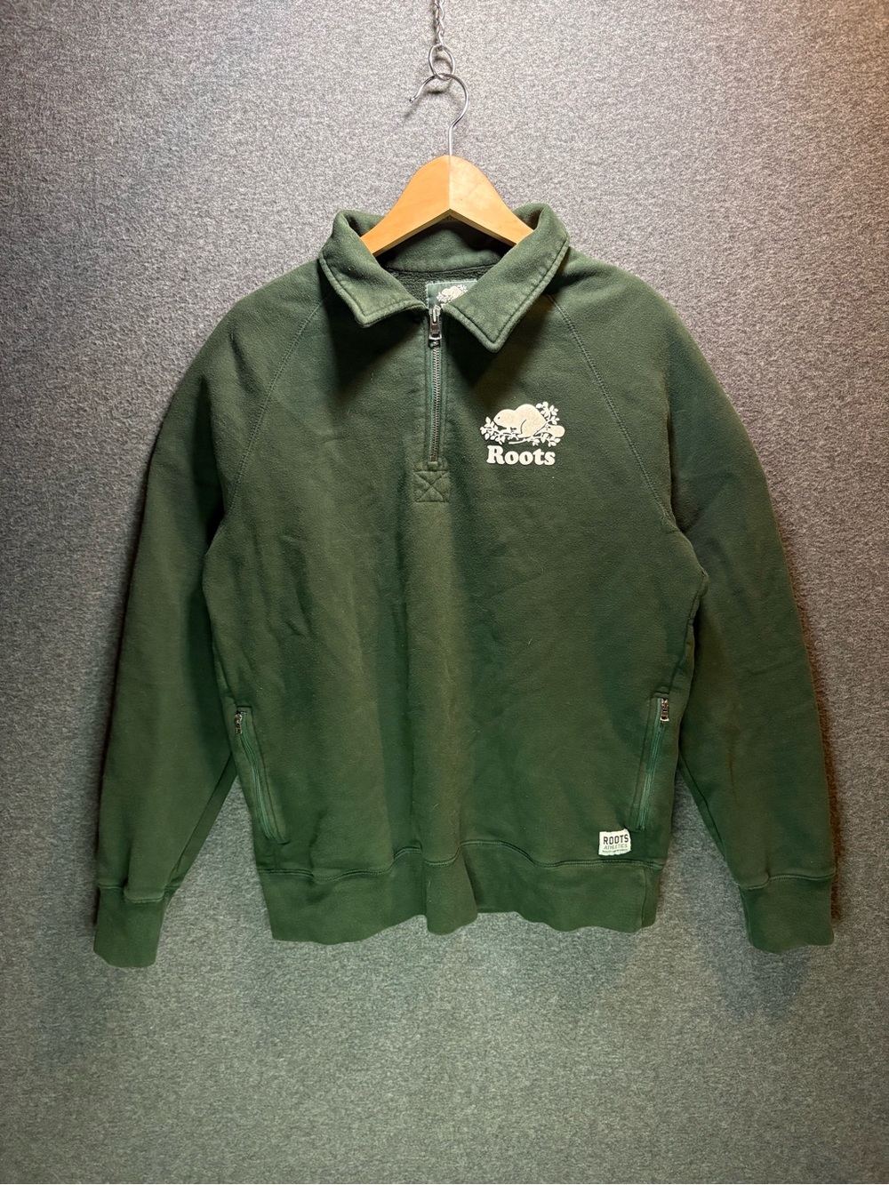 Roots Men's Dark Green Half-Zip Fleece Pullover Sweatshirt Size L